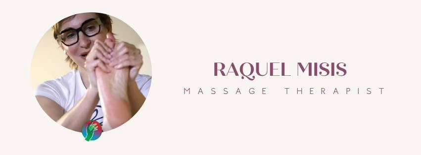 Raquel Misis Massage Therapist banner, with a portrait of Raquel at work