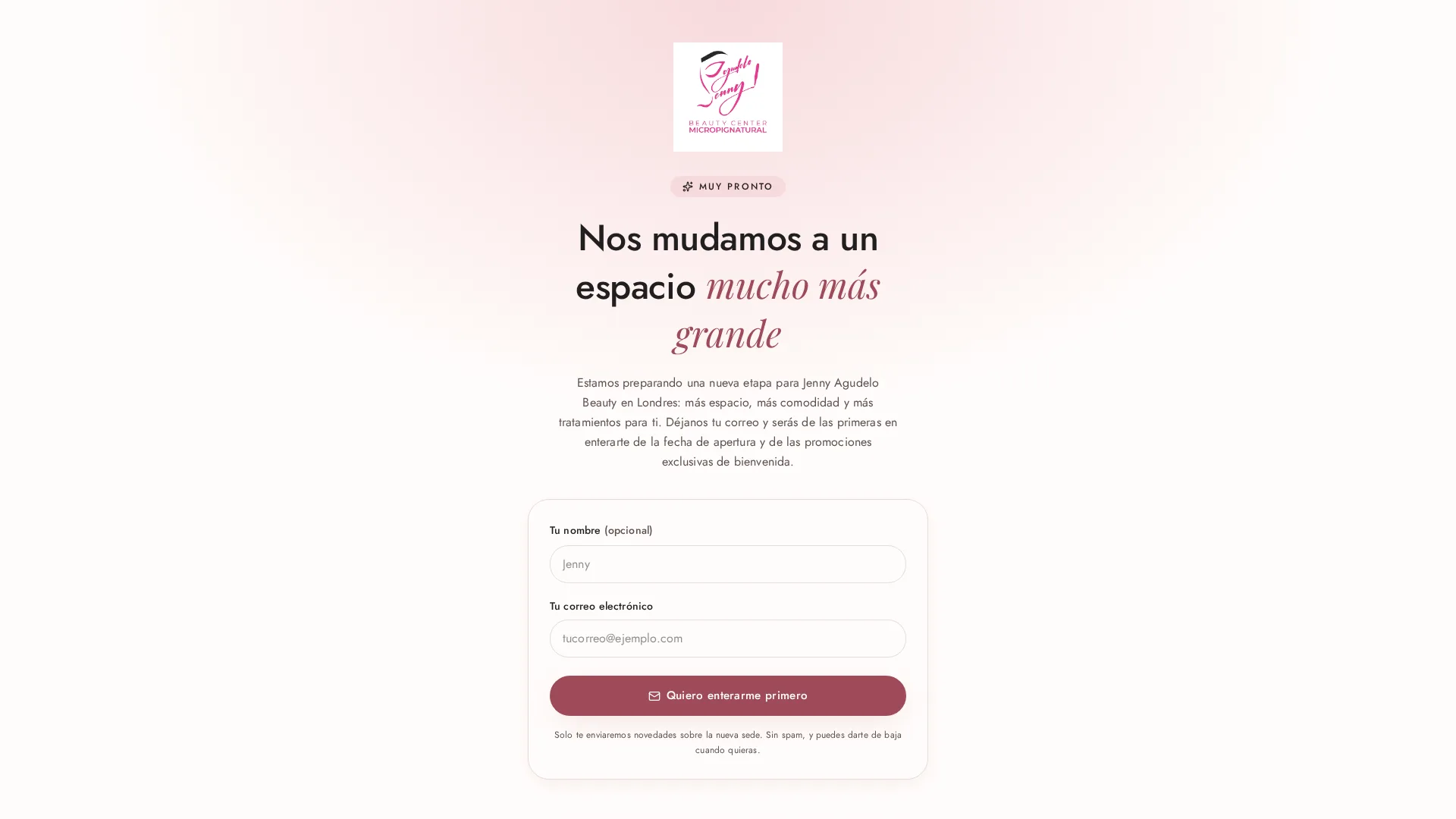 Jenny Agudelo Beauty launch landing page announcing a move to a larger space, with a signup form