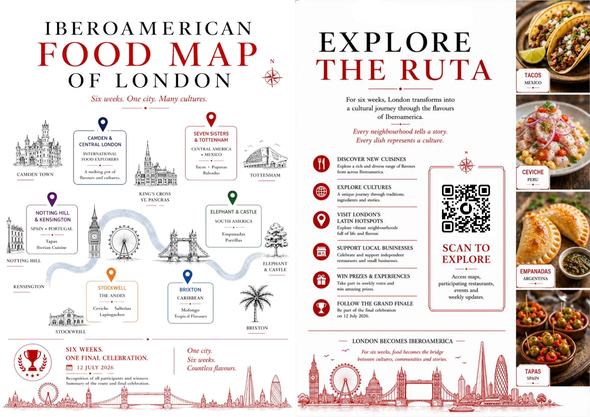 Magazine spread showing the Iberoamerican food map of London beside the guide to exploring the route