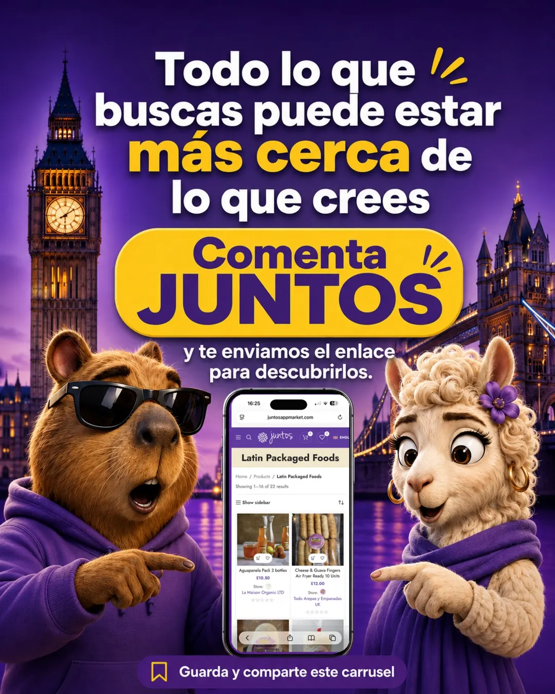 Juntos marketplace carousel frame showing the Latin packaged foods listings and a comment prompt