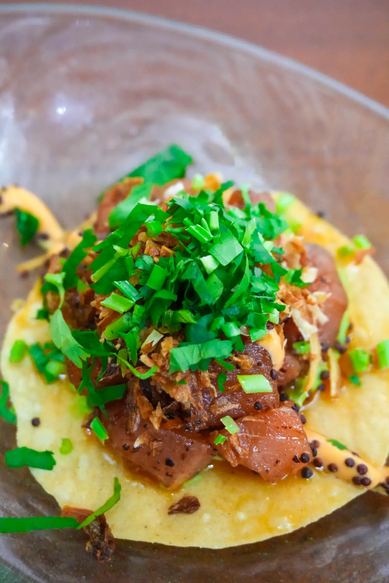 Mexican tostada with slow-cooked meat and fresh herbs