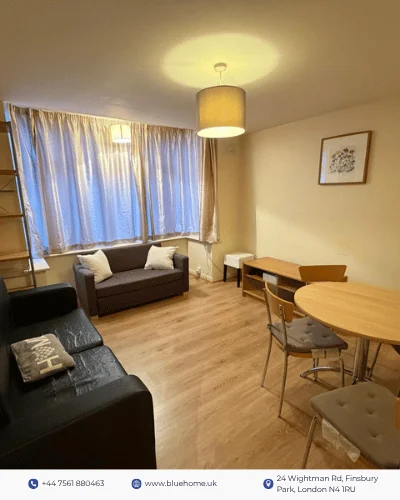 Property marketing carousel frame showing a furnished living and dining room