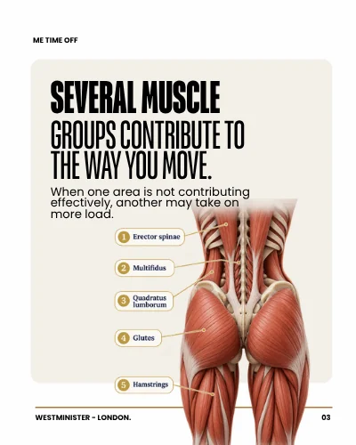 Me Time Off Recovery carousel frame labelling the muscle groups involved in movement