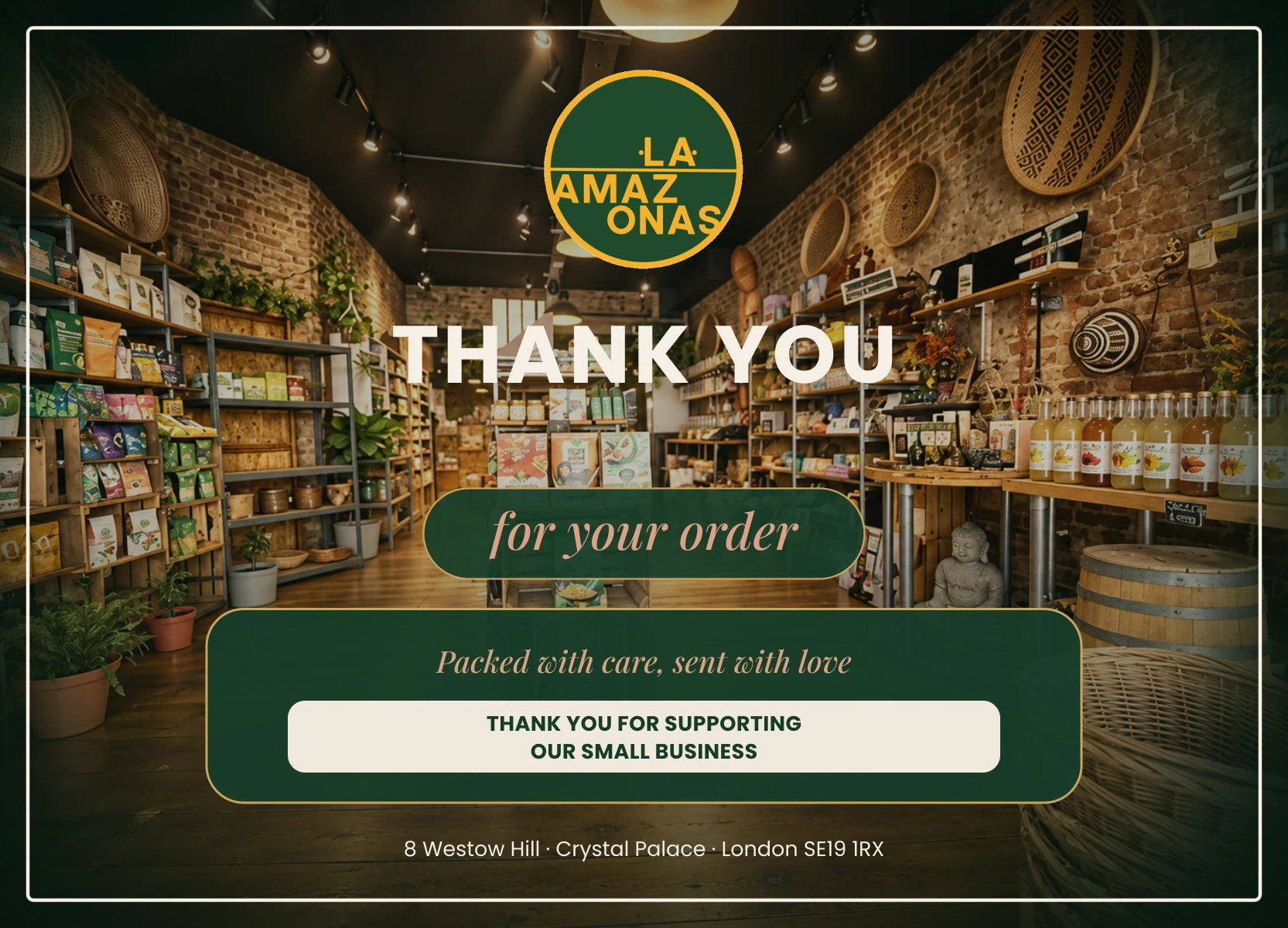 La Amazonas order thank-you card, front side, with the shop logo and a thank-you message
