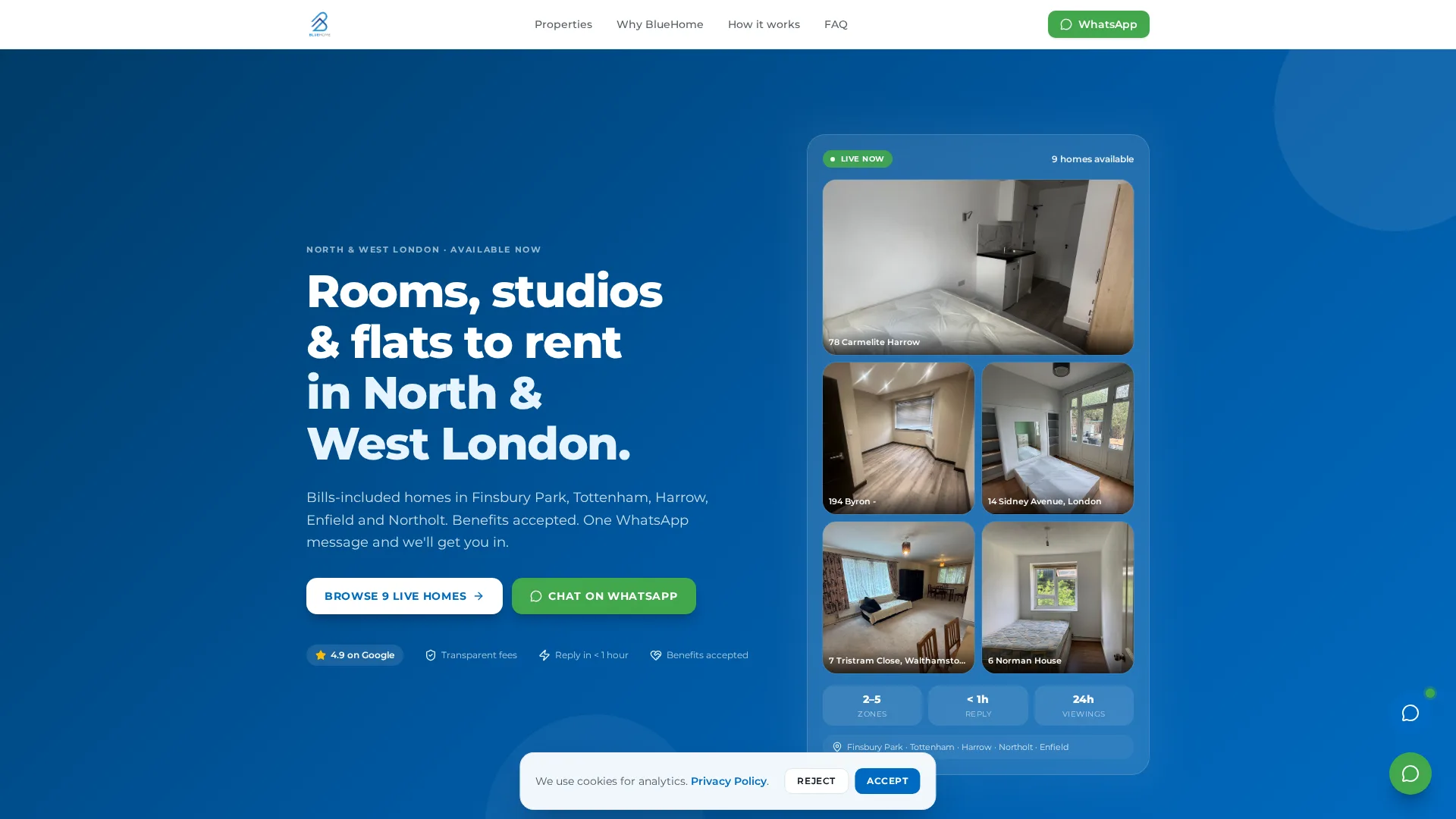 LondonProperty.net home page, listing rooms, studios and flats to rent in North and West London
