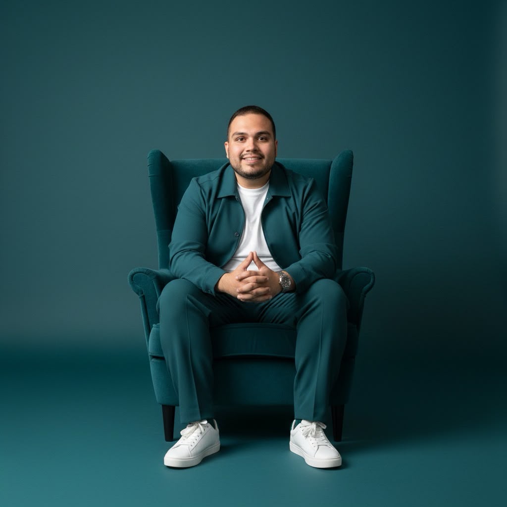 Juan Pablo Arce seated in a teal armchair against a teal backdrop