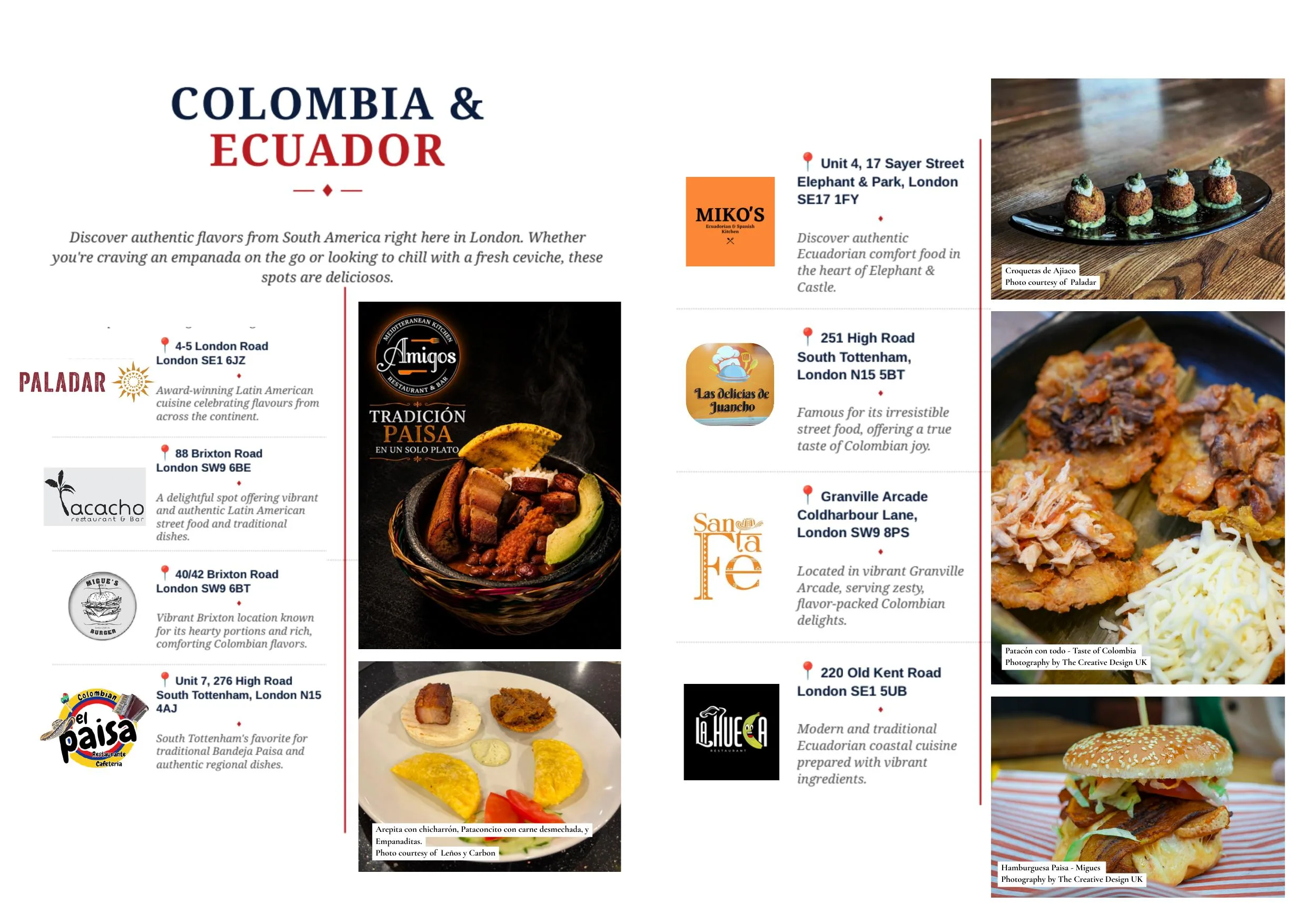 Magazine spread introducing the Colombia and Ecuador chapter with participating restaurants