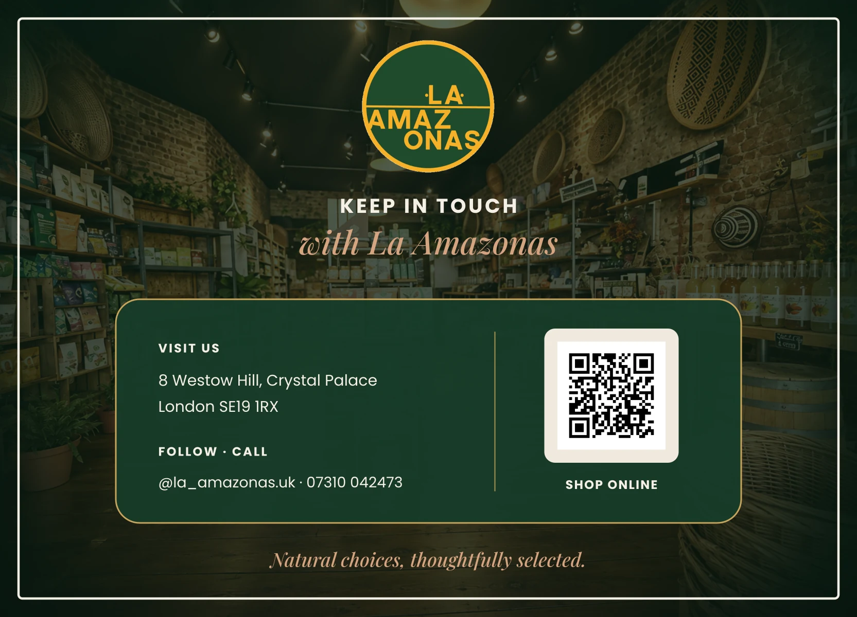 La Amazonas order thank-you card, reverse side, with the address, contact details and a shop-online code