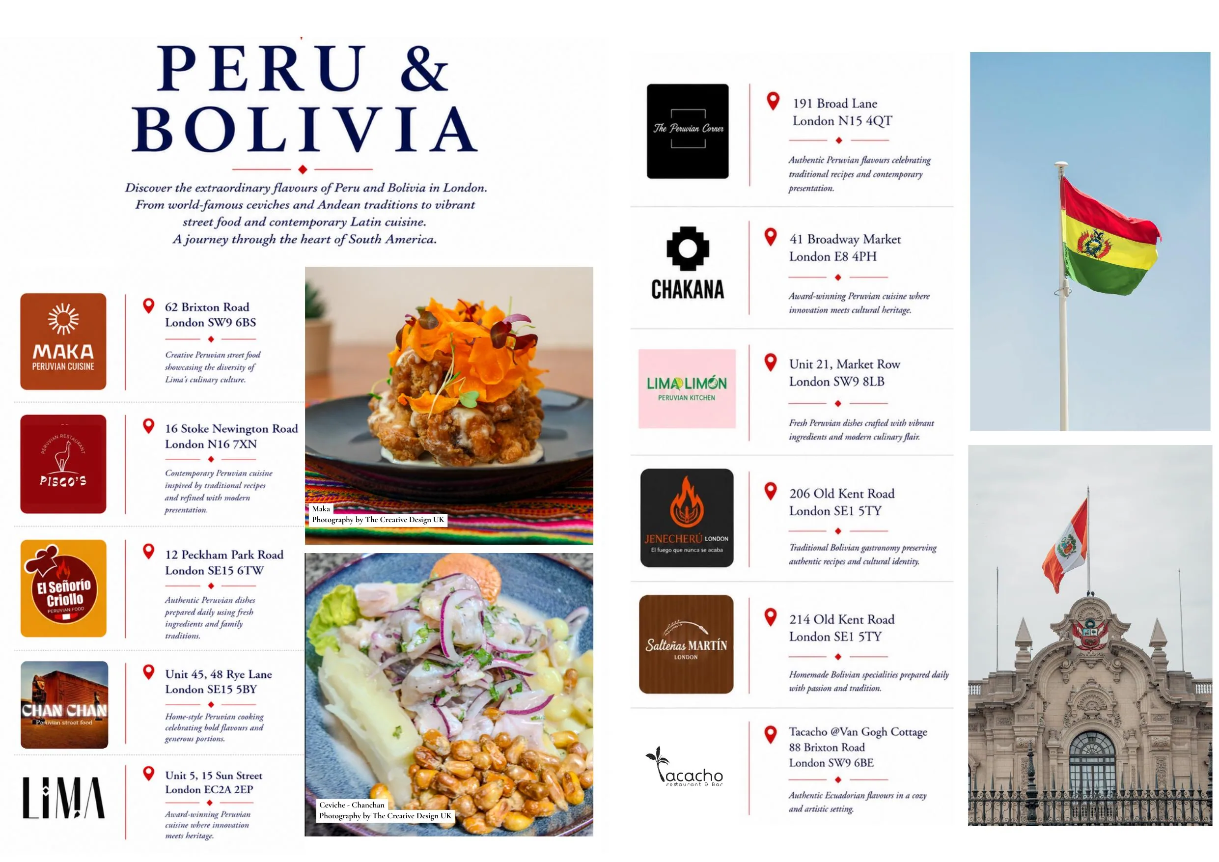 Magazine spread introducing the Peru and Bolivia chapter with participating restaurants and venues