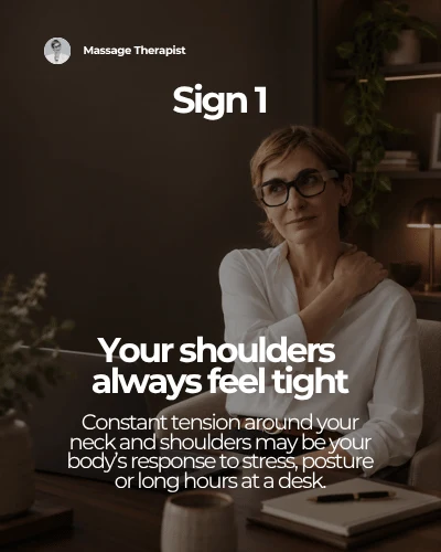 Social carousel frame explaining tension in the neck and shoulders