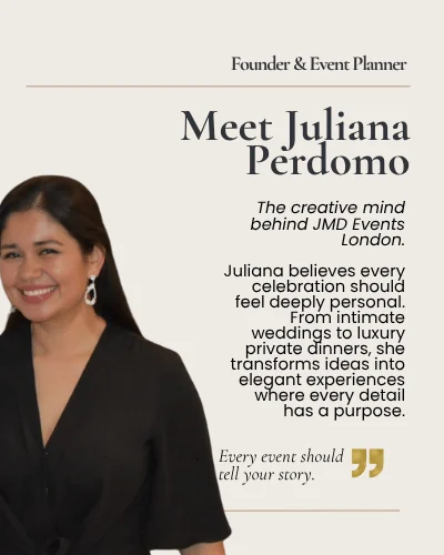 JMD Events carousel frame introducing founder and event planner Juliana Perdomo